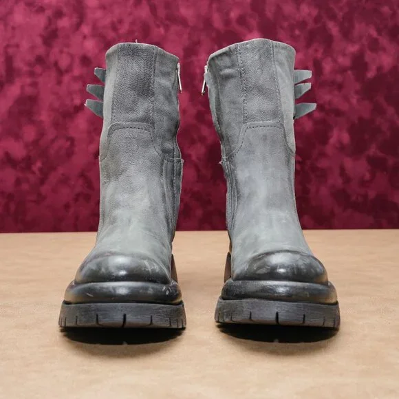 AS98 Women Darr Grey Leather Strap Zip Platform Combat Boots sz 6-6.5US EUR37